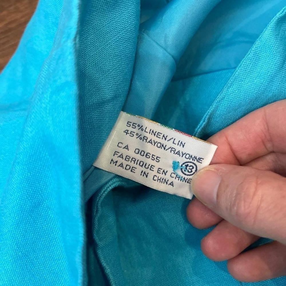 Vintage Turquoise‎ Linen Blend Midi Skirt floral Sequins Embroidered Trim Ruffle - Picture 6 of 6